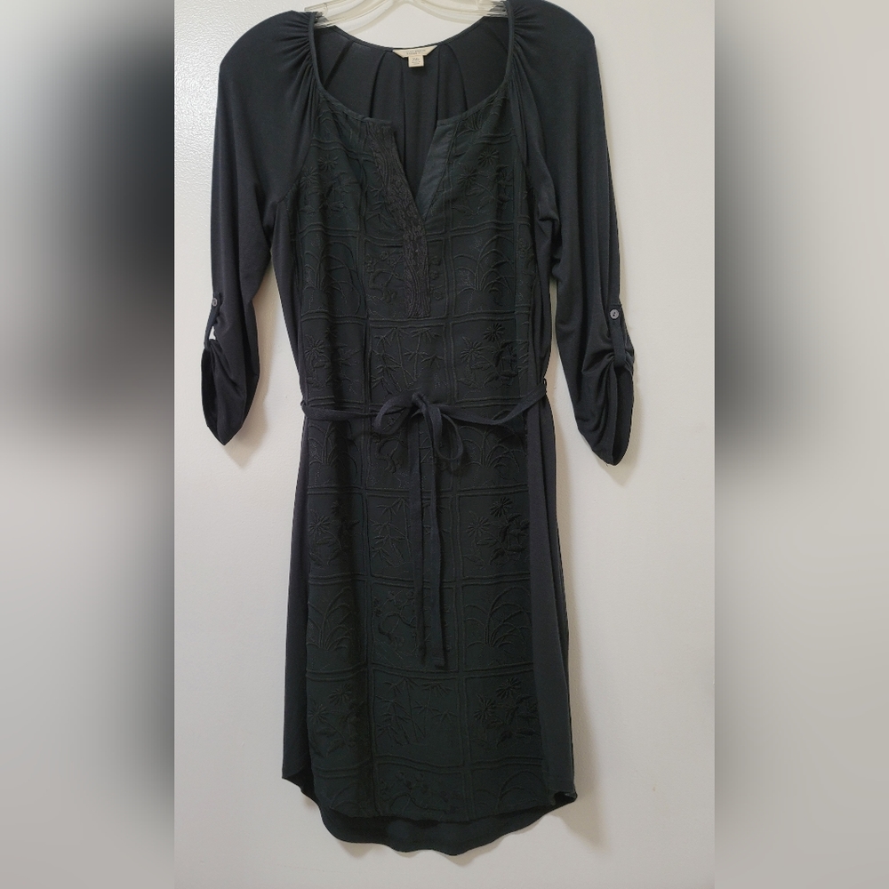 Lucky Brand Dress Jet Black Embroidered Shift Belted Strech Jersey Womens XS